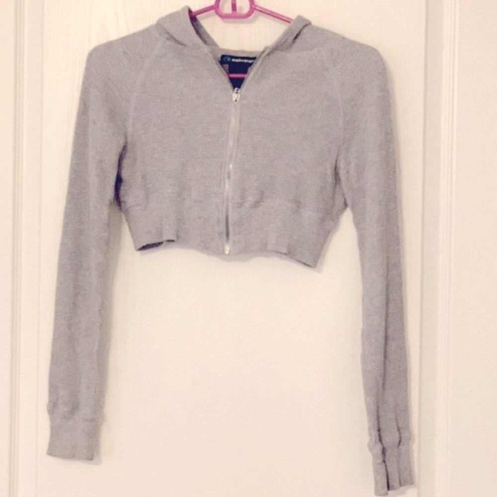 Light grey, long sleeve, hooded thermal crop top. EUC